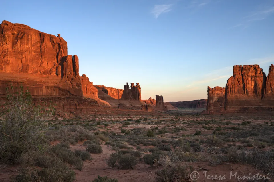 First light on the Courthouse Towers, Arches National Park