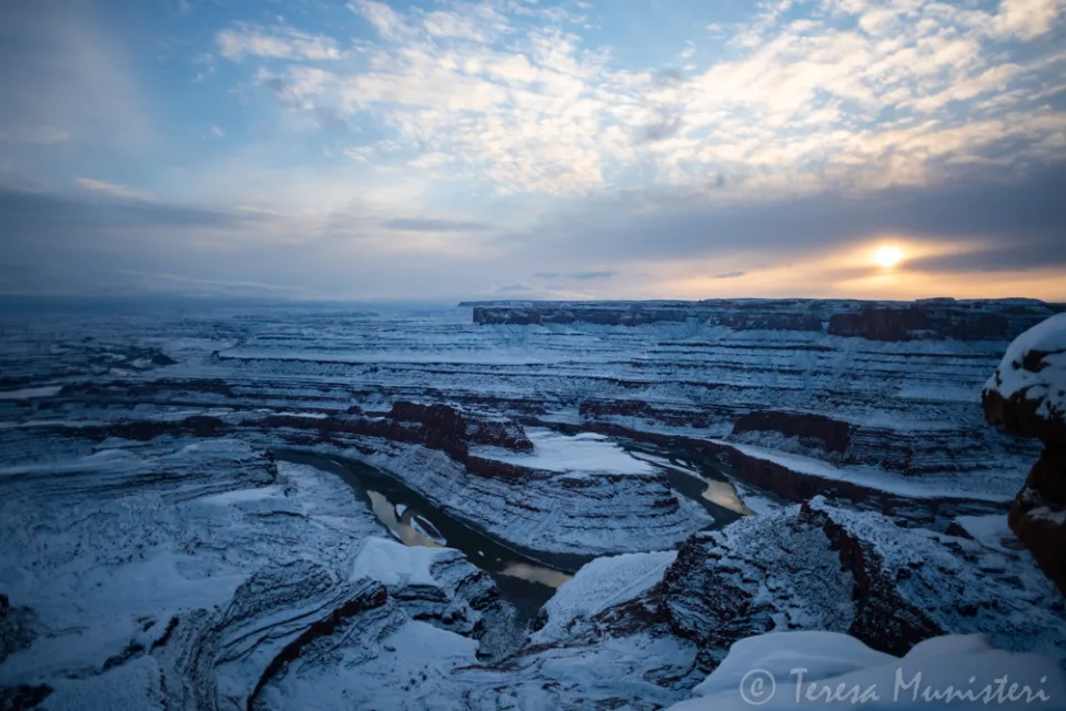 Winter snow across the White Rim under low cloud, Canyonlands