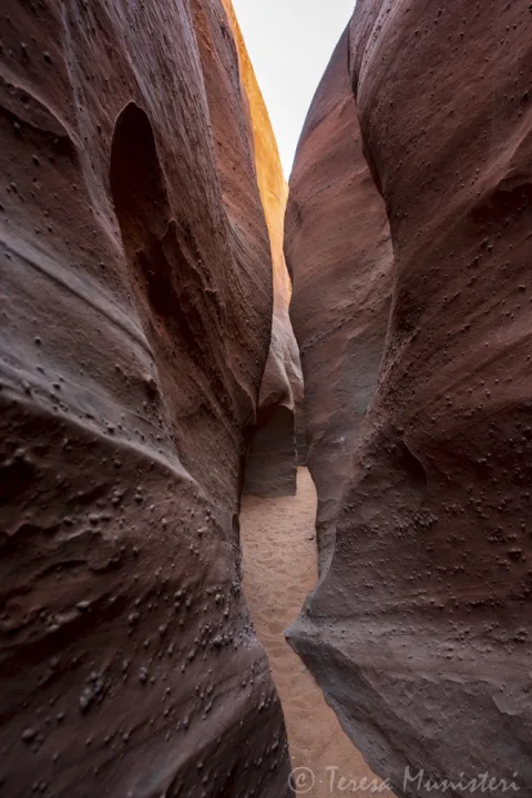 A narrow slot canyon curving between sculpted sandstone walls