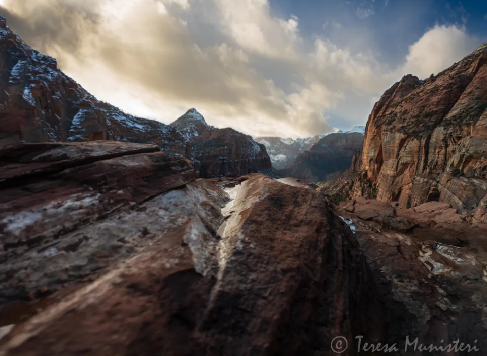 Fresh snow on red canyon walls in Zion