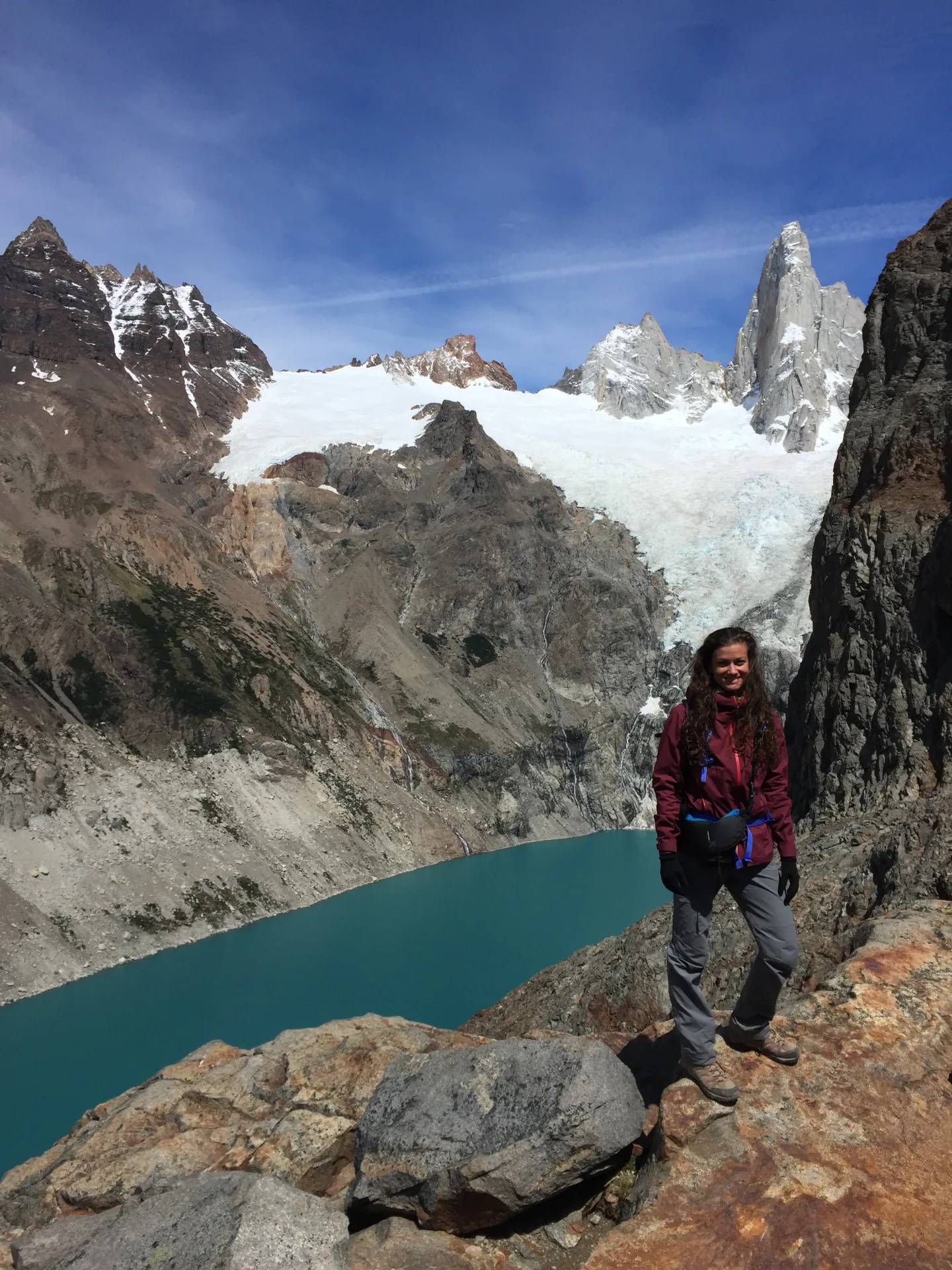 Teresa Munisteri photographing above Laguna de los Tres below Cerro Fitz Roy, Patagonia